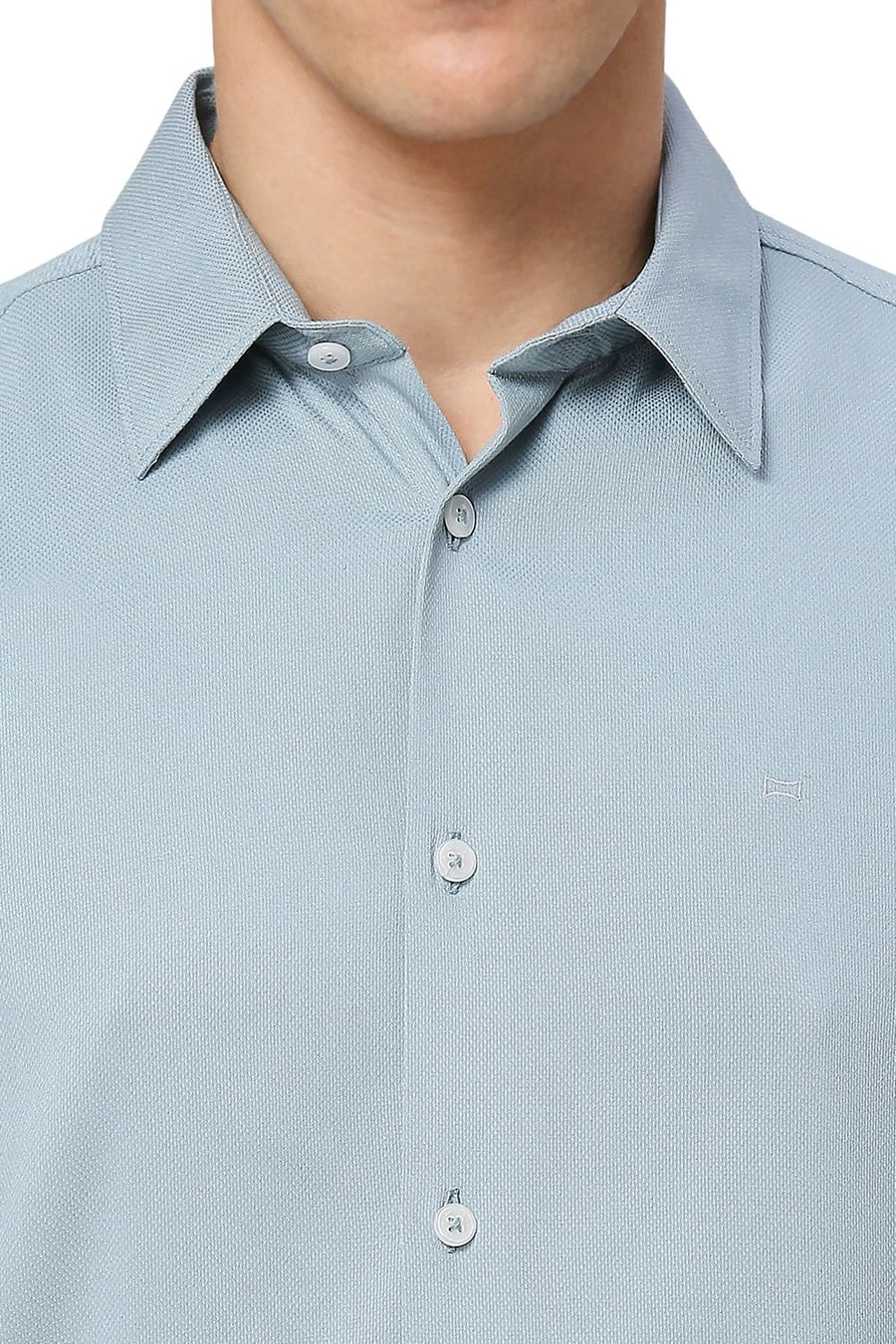 BASICS SLIM FIT ARONA BLUE VISCOSE POLYESTER STRETCH DOBBY HALFSLEEVES SHIRT