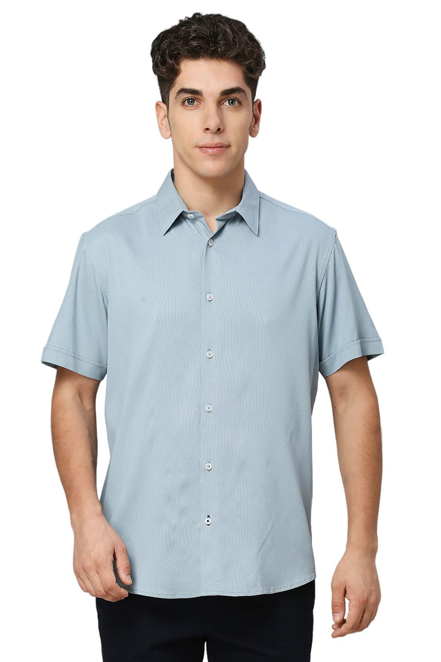 BASICS SLIM FIT ARONA BLUE VISCOSE POLYESTER STRETCH DOBBY HALFSLEEVES SHIRT