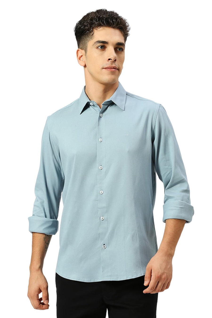 BASICS SLIM FIT ARONA BLUE VISCOSE POLYESTER STRETCH DOBBY SHIRT