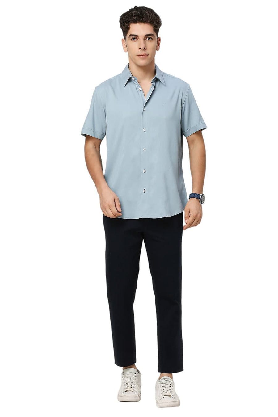 BASICS SLIM FIT ARONA BLUE VISCOSE POLYESTER STRETCH DOBBY HALFSLEEVES SHIRT