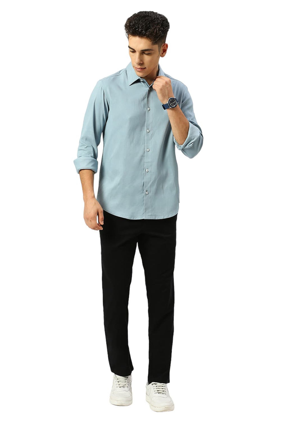 BASICS SLIM FIT ARONA BLUE VISCOSE POLYESTER STRETCH DOBBY SHIRT