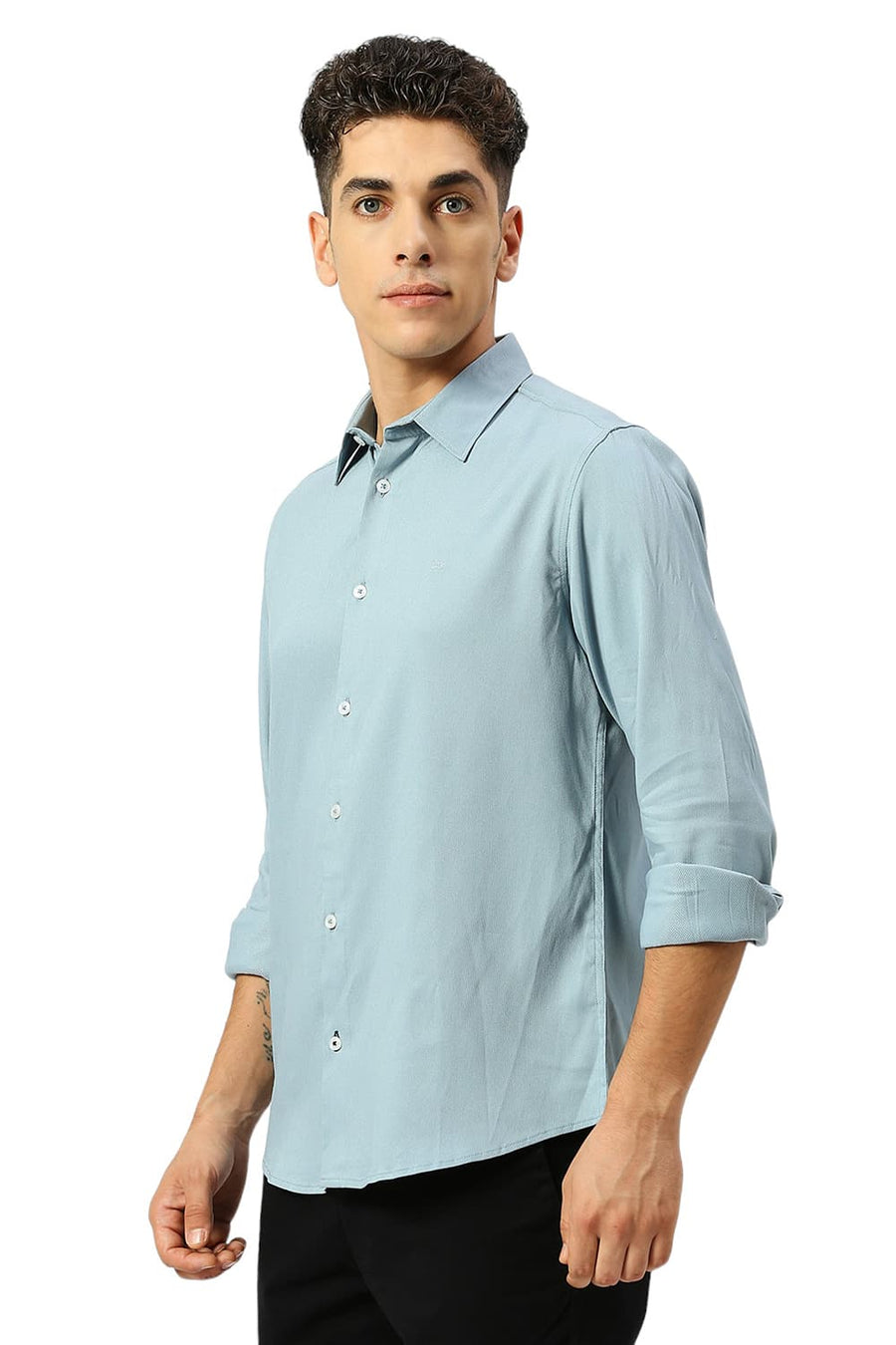 BASICS SLIM FIT ARONA BLUE VISCOSE POLYESTER STRETCH DOBBY SHIRT