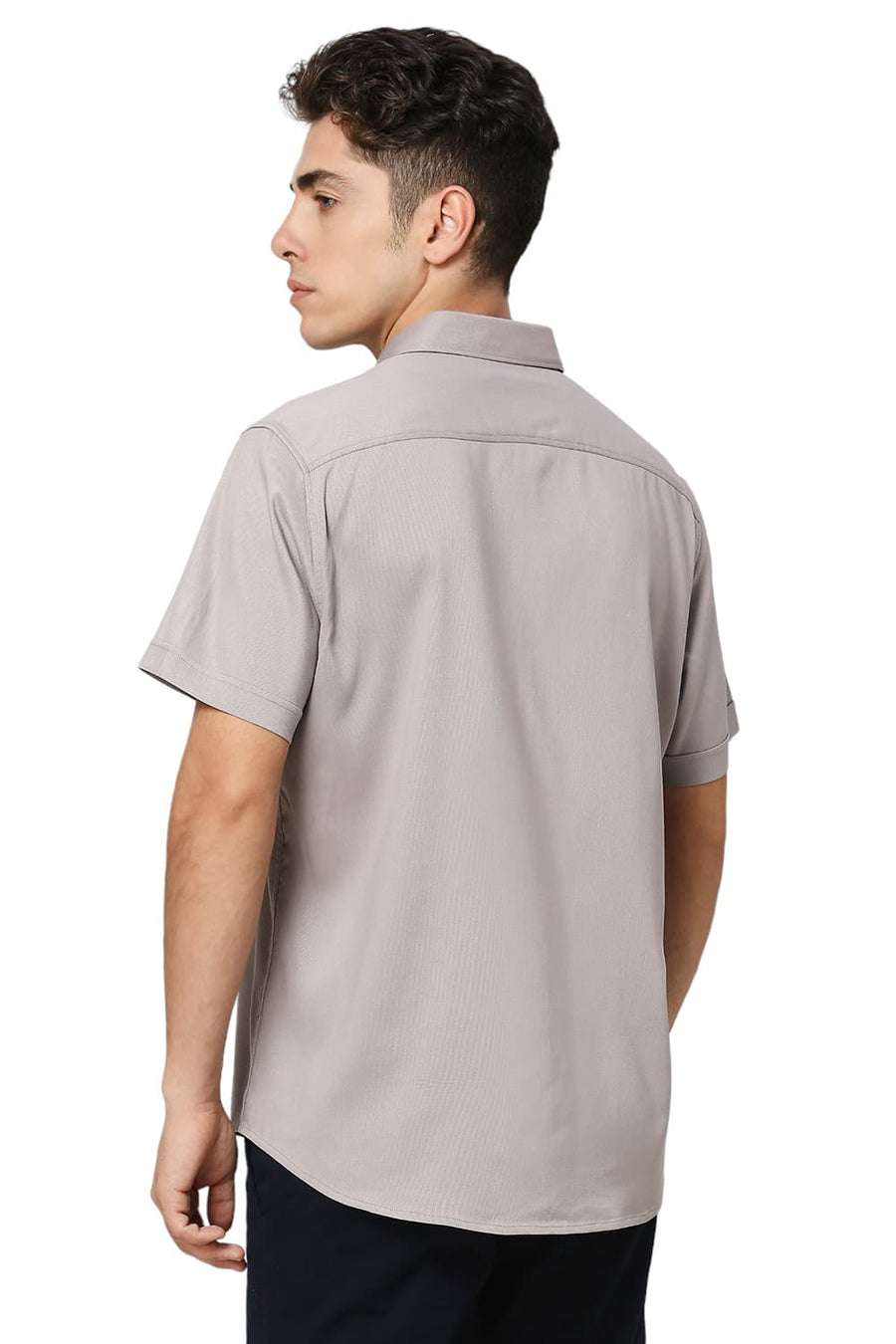 BASICS SLIM FIT SKYLINE GREY VISCOSE POLYESTER STRETCH DOBBY HALFSLEEVES SHIRT