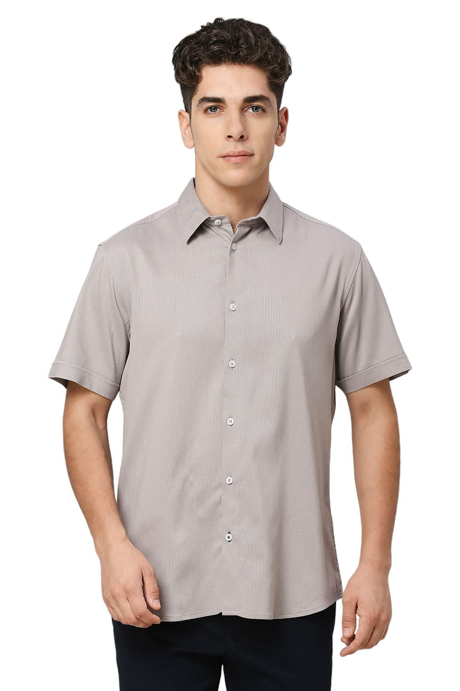 BASICS SLIM FIT SKYLINE GREY VISCOSE POLYESTER STRETCH DOBBY HALFSLEEVES SHIRT