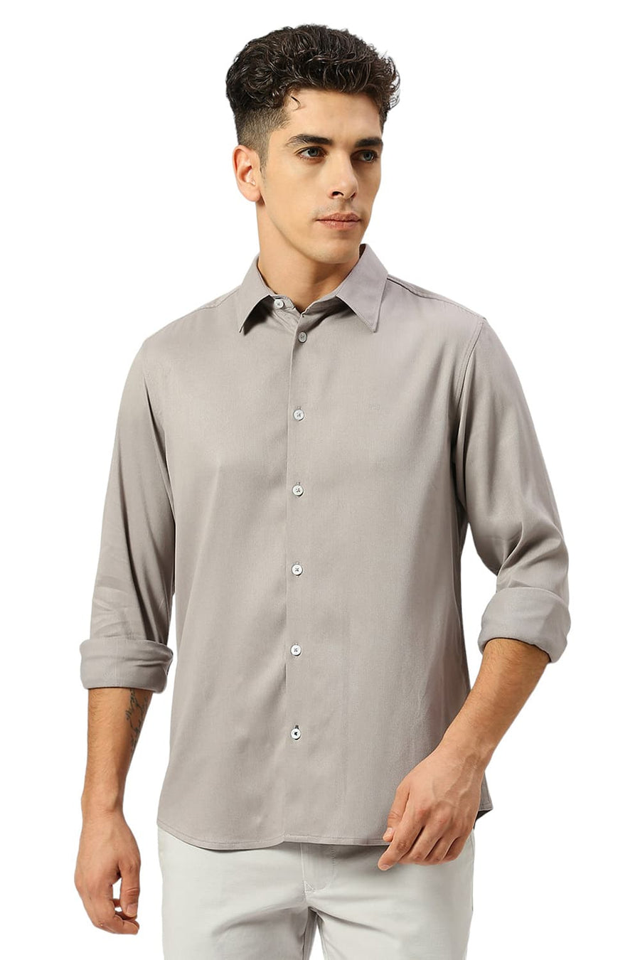 BASICS SLIM FIT SKYLINE GREY VISCOSE POLYESTER STRETCH DOBBY SHIRT