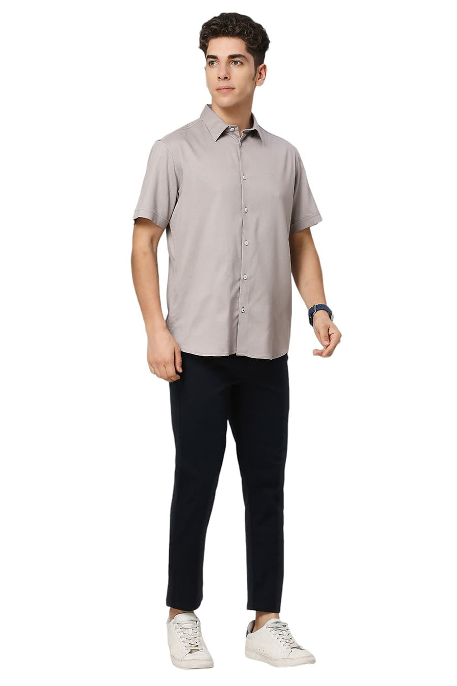 BASICS SLIM FIT SKYLINE GREY VISCOSE POLYESTER STRETCH DOBBY HALFSLEEVES SHIRT