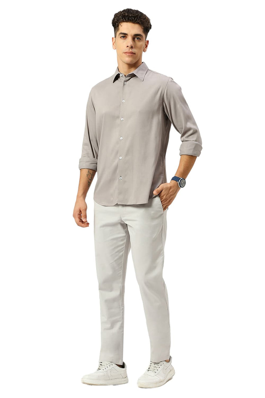 BASICS SLIM FIT SKYLINE GREY VISCOSE POLYESTER STRETCH DOBBY SHIRT