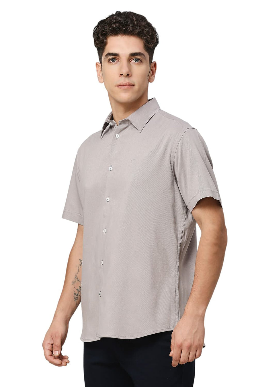 BASICS SLIM FIT SKYLINE GREY VISCOSE POLYESTER STRETCH DOBBY HALFSLEEVES SHIRT
