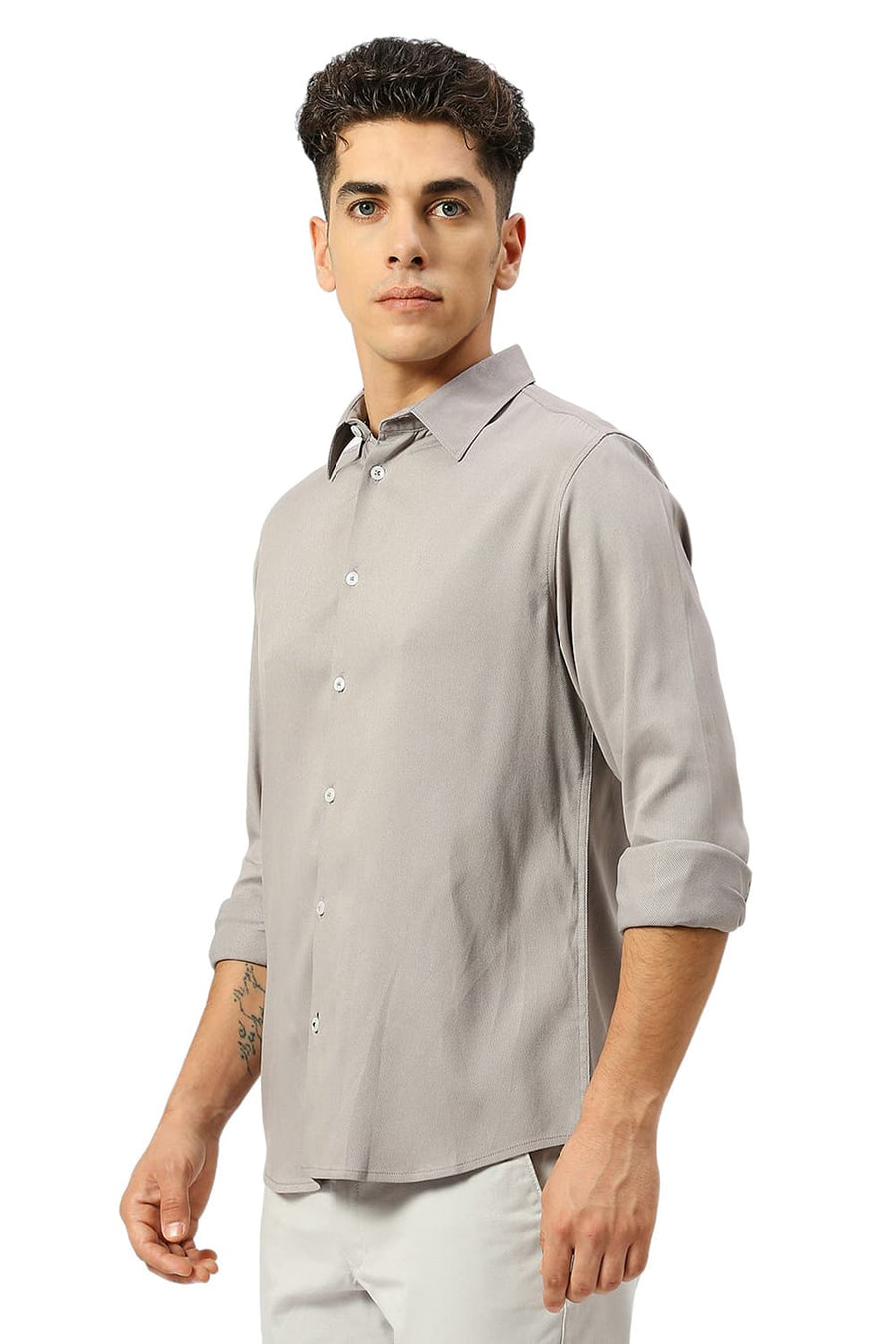 BASICS SLIM FIT SKYLINE GREY VISCOSE POLYESTER STRETCH DOBBY SHIRT