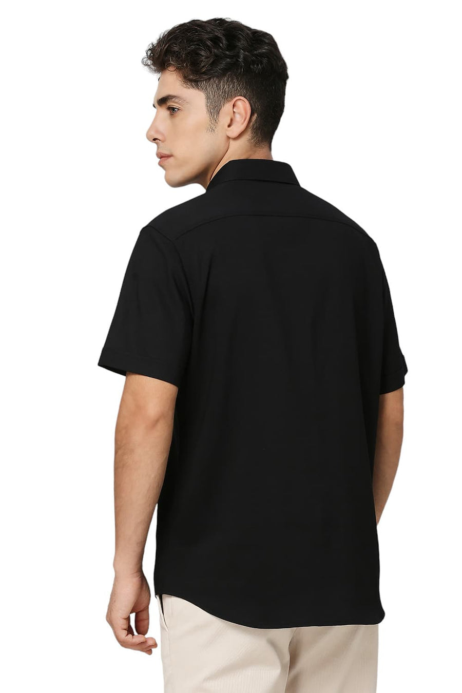 BASICS SLIM FIT CAVIAR BLACK VISCOSE POLYESTER STRETCH DOBBY HALFSLEEVES SHIRT