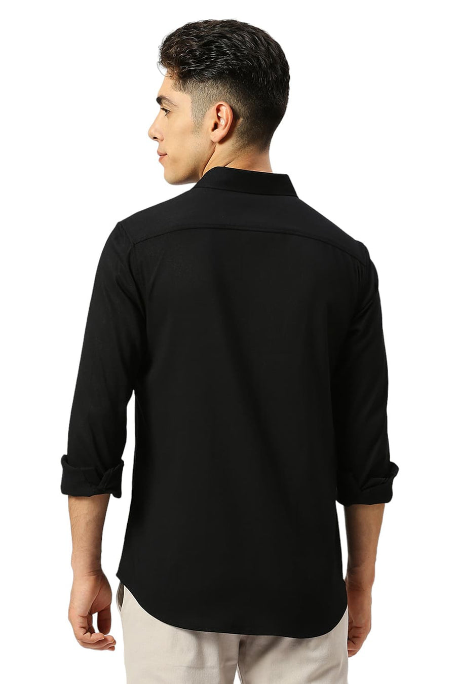 BASICS SLIM FIT CAVIAR BLACK VISCOSE POLYESTER STRETCH DOBBY SHIRT