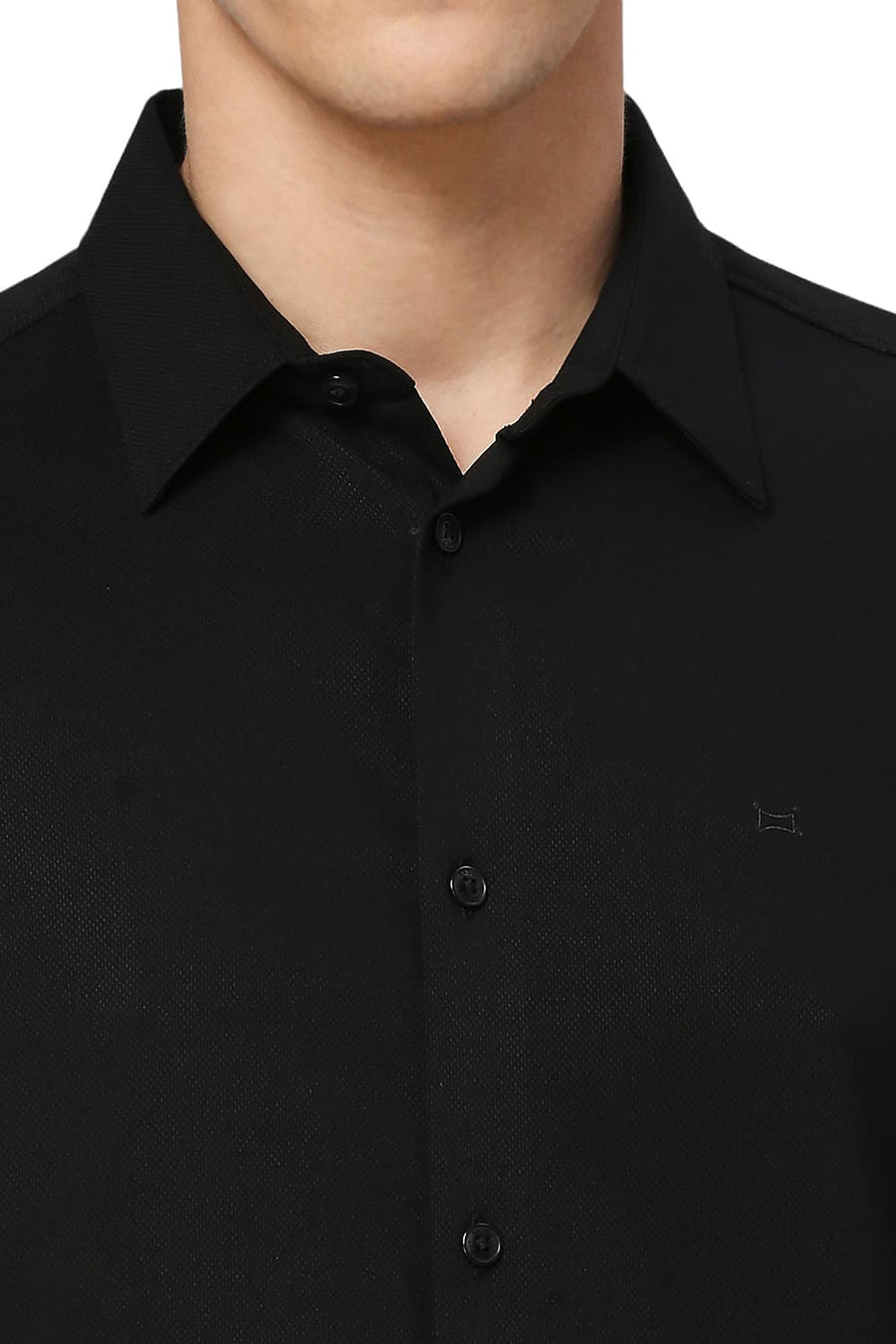 BASICS SLIM FIT CAVIAR BLACK VISCOSE POLYESTER STRETCH DOBBY HALFSLEEVES SHIRT