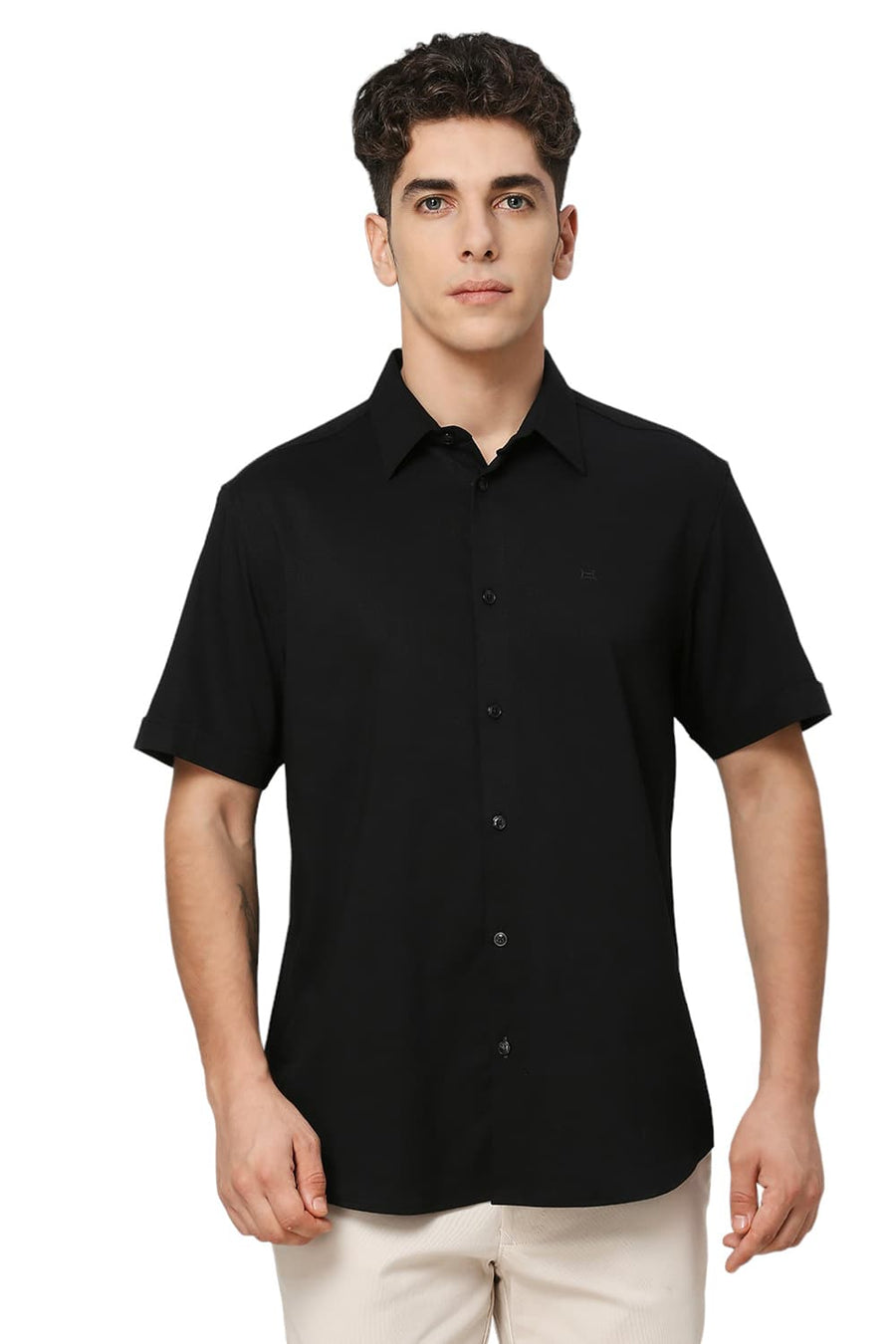 BASICS SLIM FIT CAVIAR BLACK VISCOSE POLYESTER STRETCH DOBBY HALFSLEEVES SHIRT