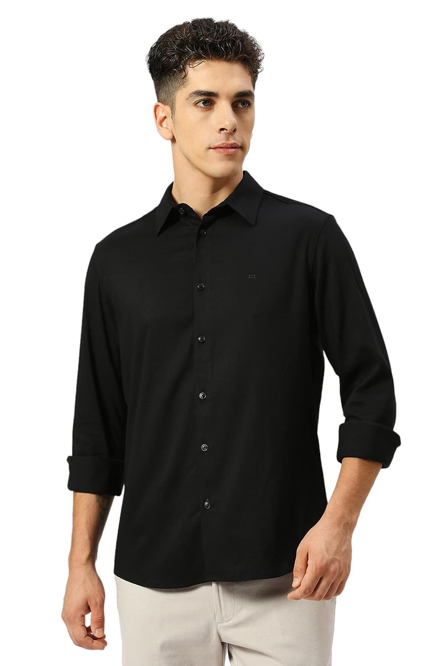 BASICS SLIM FIT CAVIAR BLACK VISCOSE POLYESTER STRETCH DOBBY SHIRT
