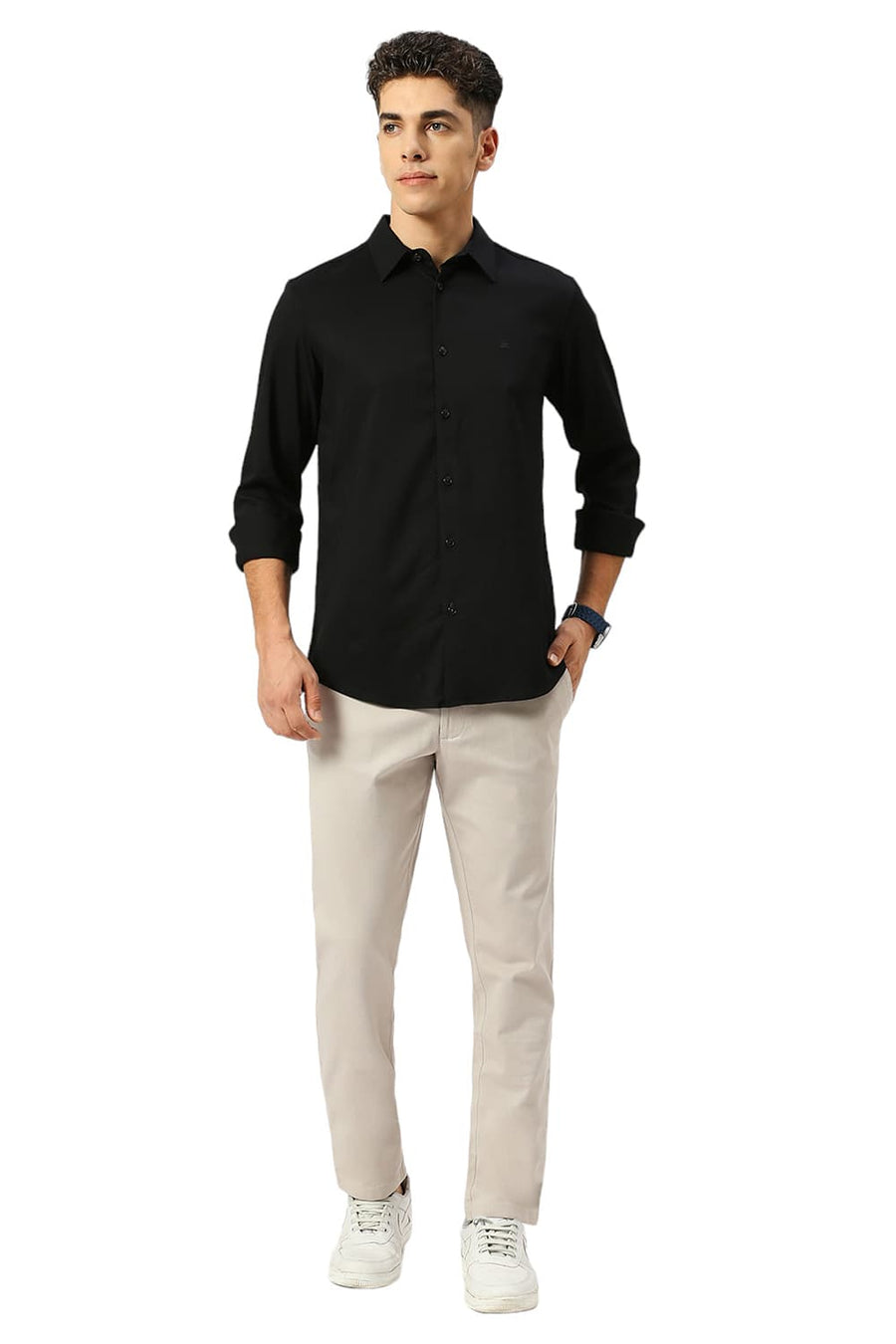 BASICS SLIM FIT CAVIAR BLACK VISCOSE POLYESTER STRETCH DOBBY SHIRT