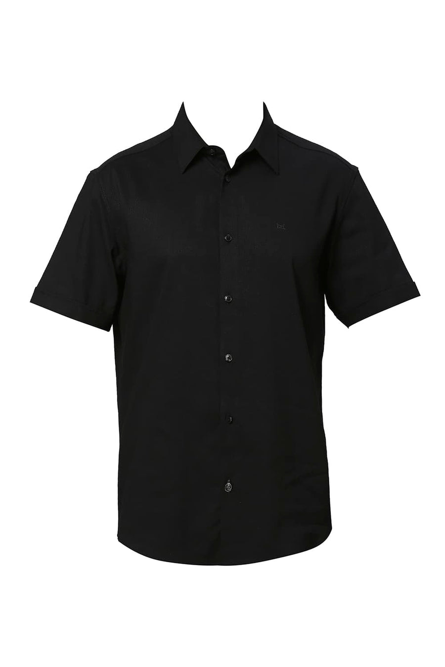 BASICS SLIM FIT CAVIAR BLACK VISCOSE POLYESTER STRETCH DOBBY HALFSLEEVES SHIRT
