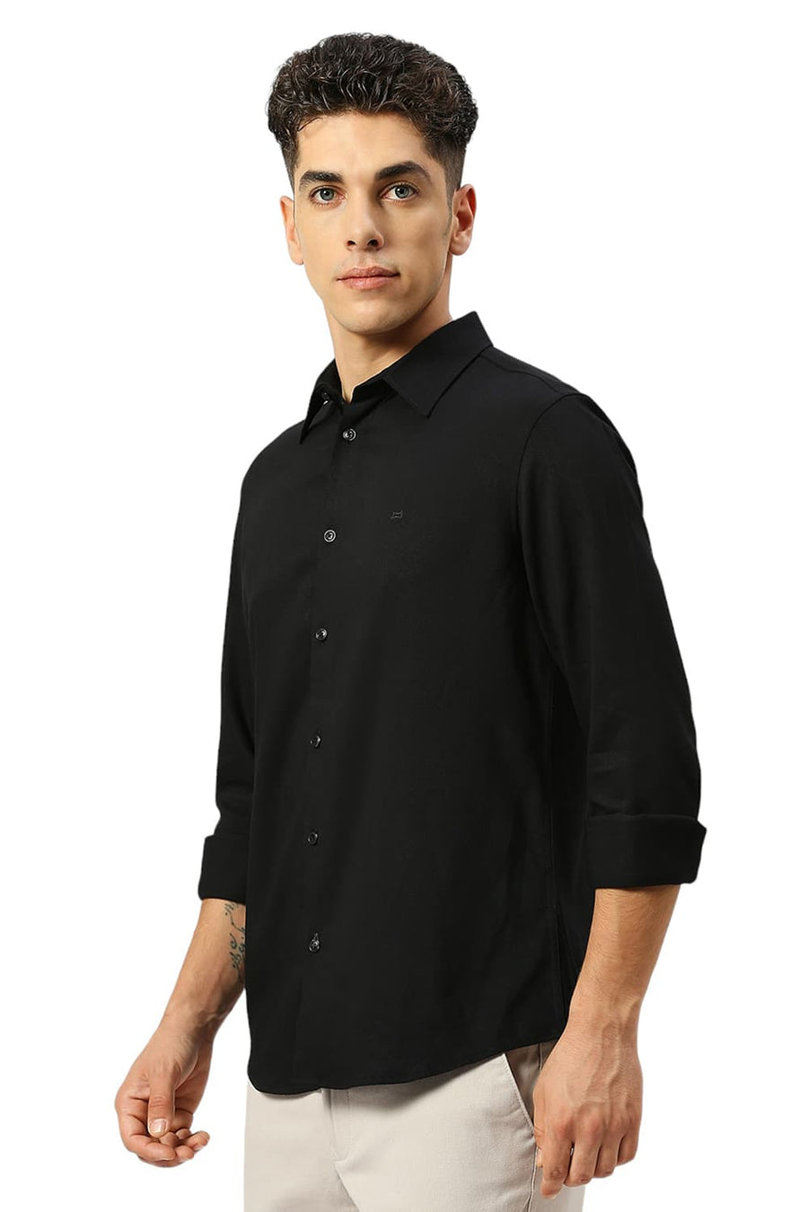 BASICS SLIM FIT CAVIAR BLACK VISCOSE POLYESTER STRETCH DOBBY SHIRT