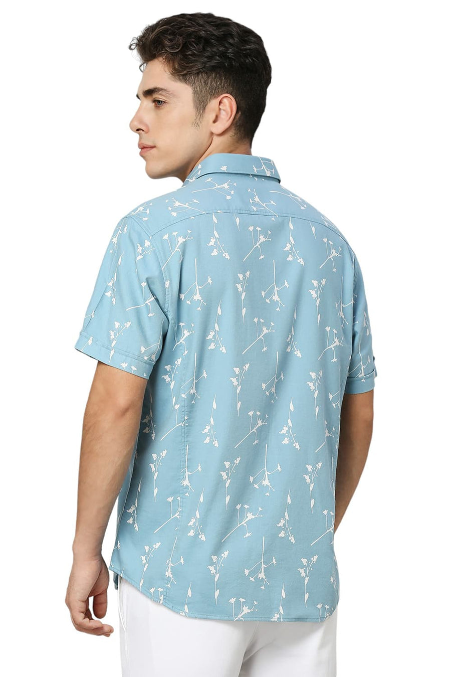 BASICS SLIM FIT COASTAL BLUE COTTON VISCOSE TWILL PRINTED HALFSLEEVES SHIRT