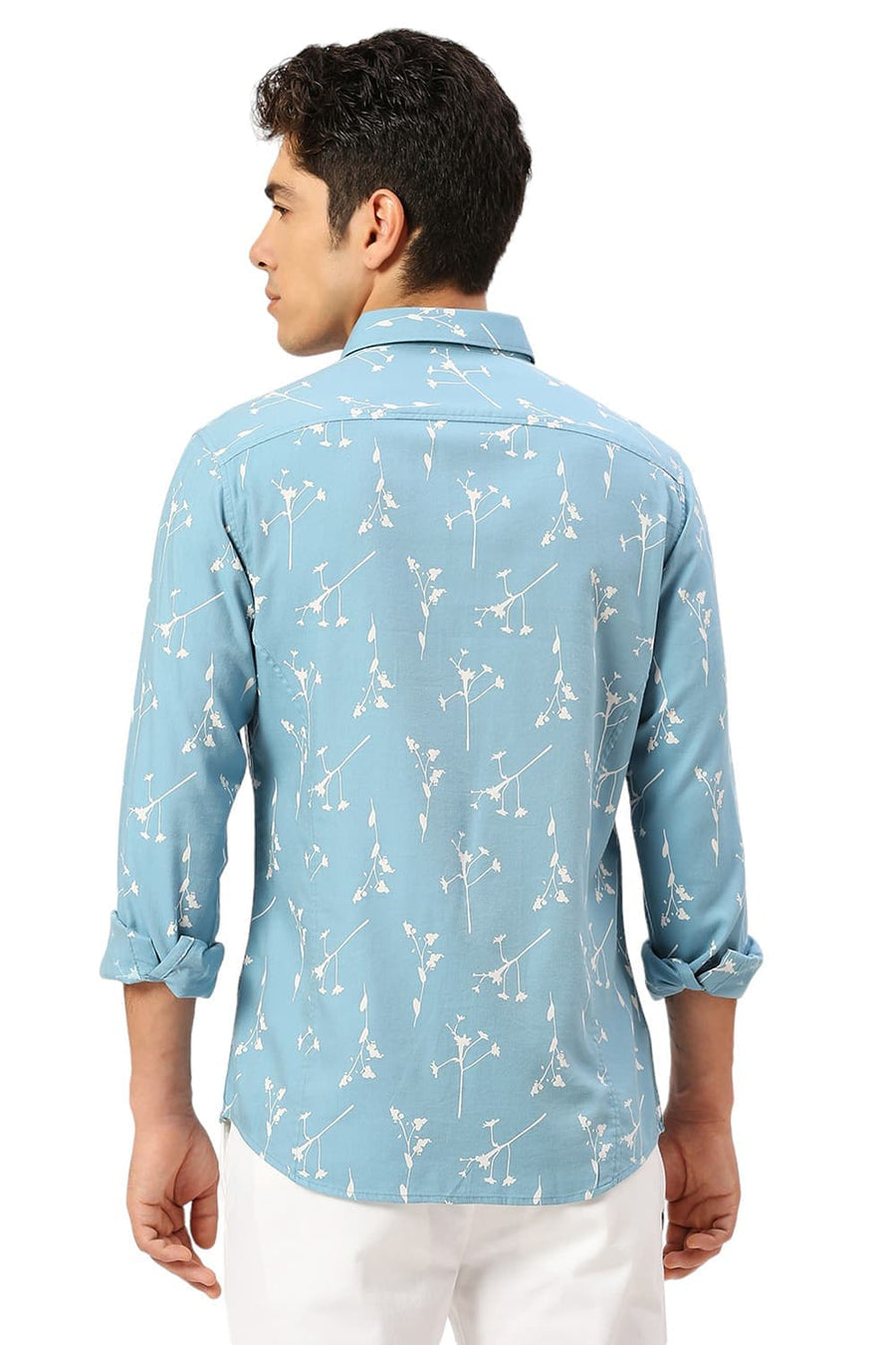 BASICS SLIM FIT COASTAL BLUE COTTON VISCOSE TWILL PRINTED SHIRT