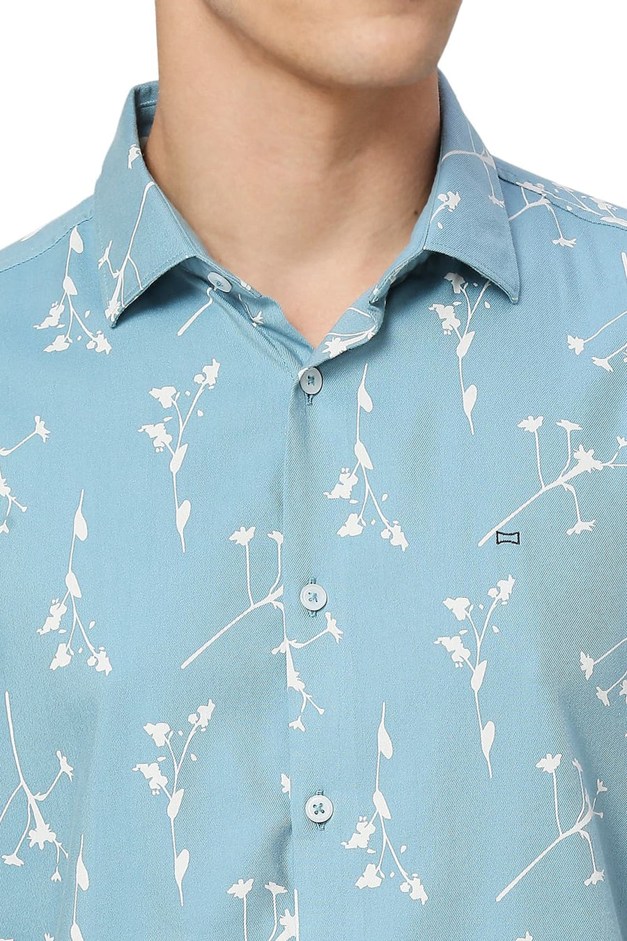 BASICS SLIM FIT COASTAL BLUE COTTON VISCOSE TWILL PRINTED HALFSLEEVES SHIRT