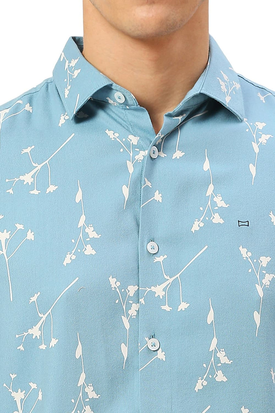 BASICS SLIM FIT COASTAL BLUE COTTON VISCOSE TWILL PRINTED SHIRT