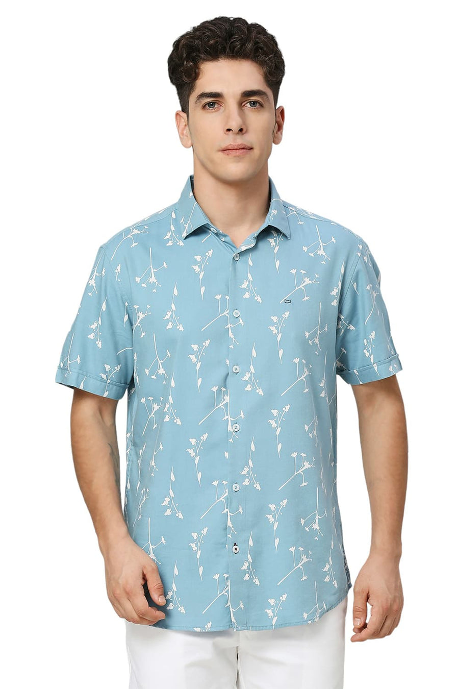 BASICS SLIM FIT COASTAL BLUE COTTON VISCOSE TWILL PRINTED HALFSLEEVES SHIRT