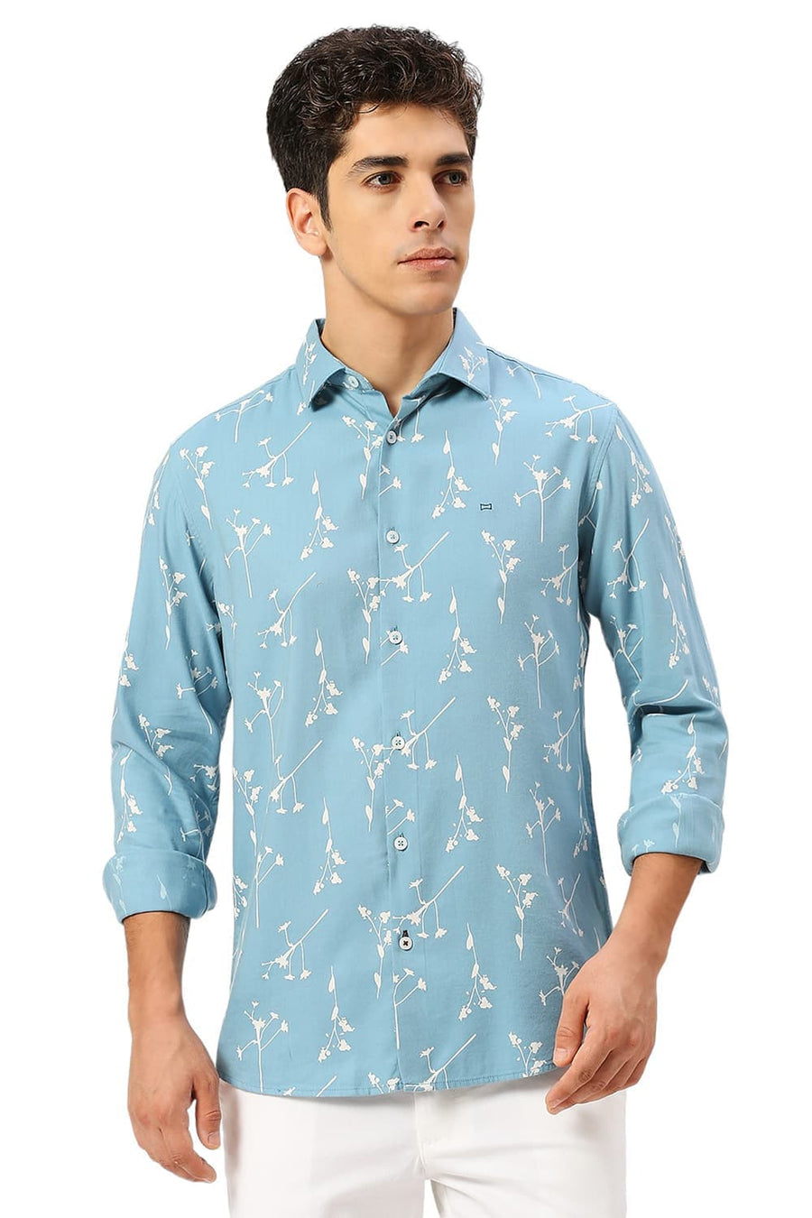 BASICS SLIM FIT COASTAL BLUE COTTON VISCOSE TWILL PRINTED SHIRT