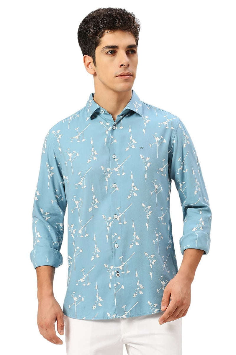 SLIM FIT COTTON VISCOSE TWILL PRINTED SHIRT