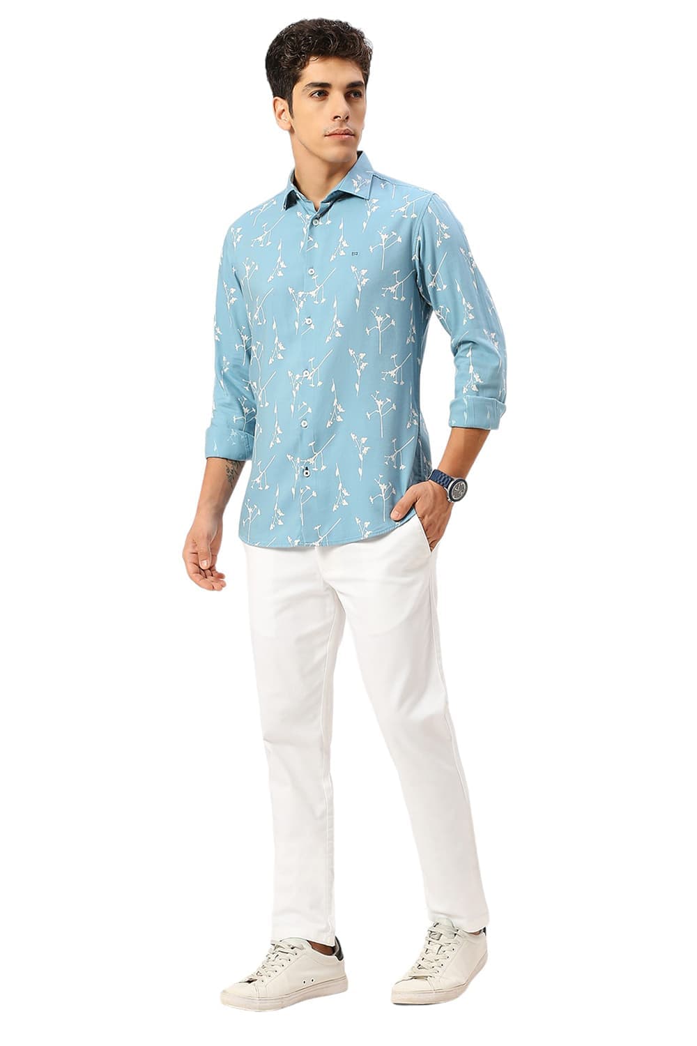 SLIM FIT COTTON VISCOSE TWILL PRINTED SHIRT