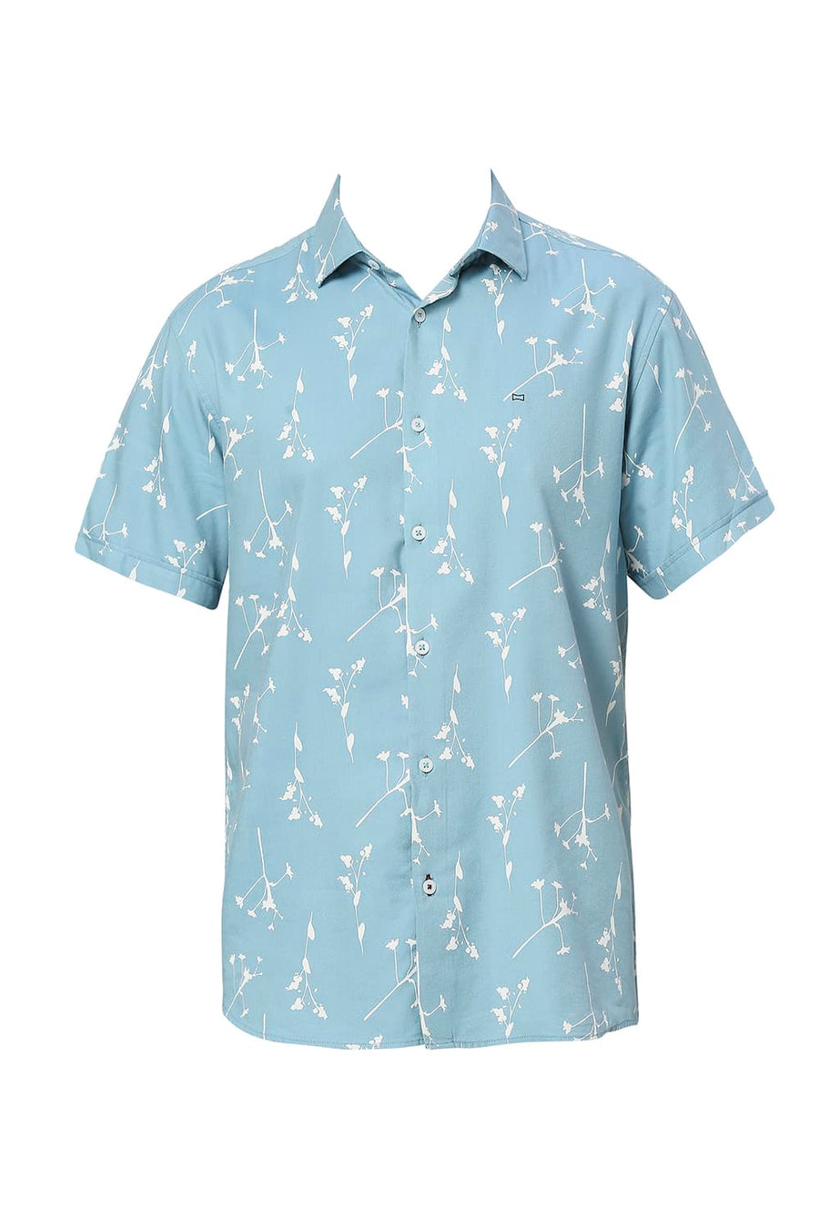 BASICS SLIM FIT COASTAL BLUE COTTON VISCOSE TWILL PRINTED HALFSLEEVES SHIRT
