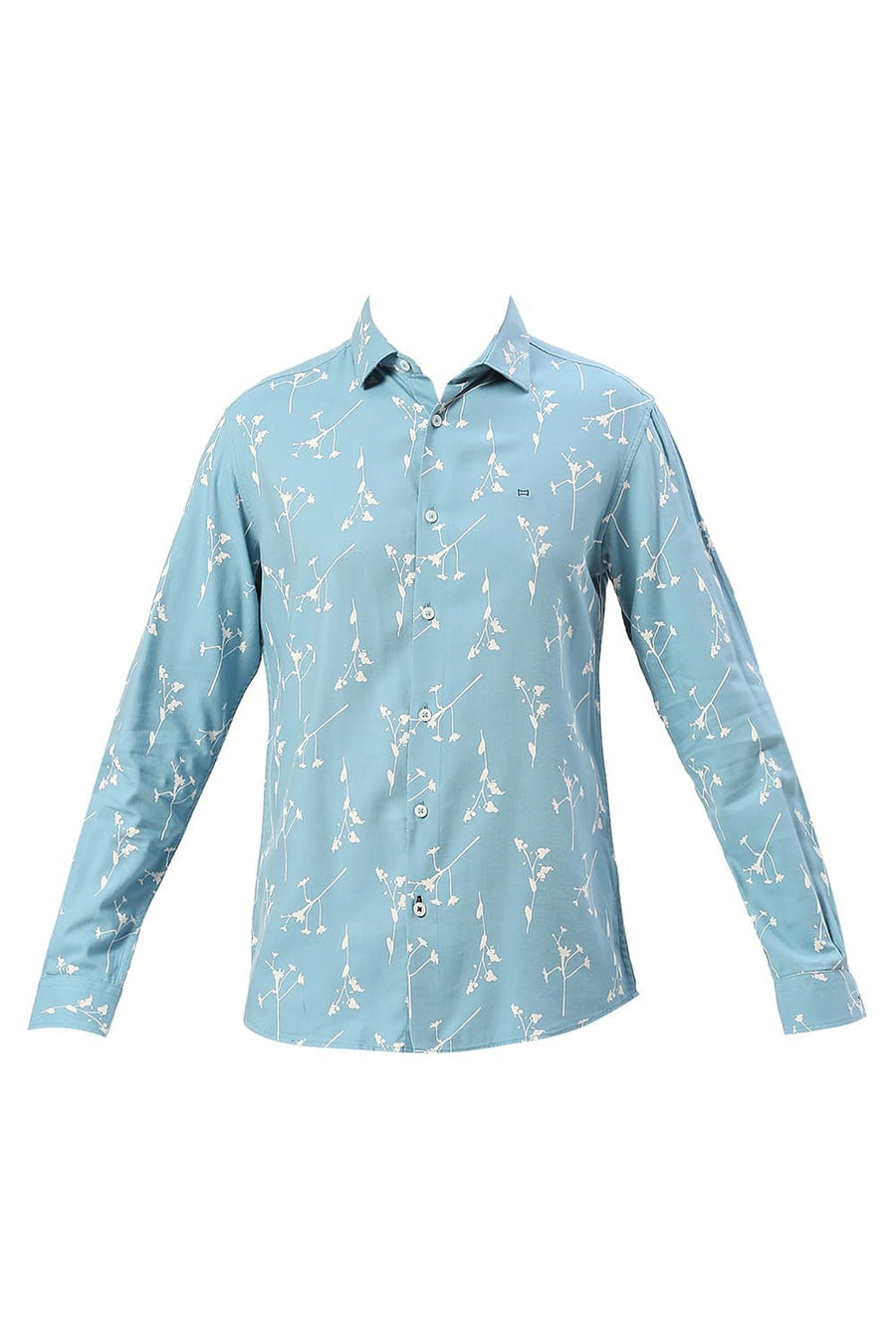 BASICS SLIM FIT COASTAL BLUE COTTON VISCOSE TWILL PRINTED SHIRT