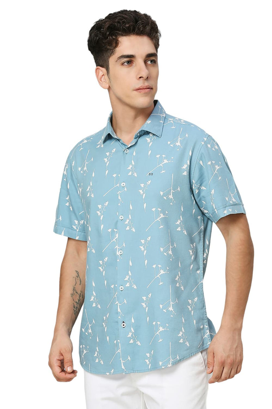 BASICS SLIM FIT COASTAL BLUE COTTON VISCOSE TWILL PRINTED HALFSLEEVES SHIRT