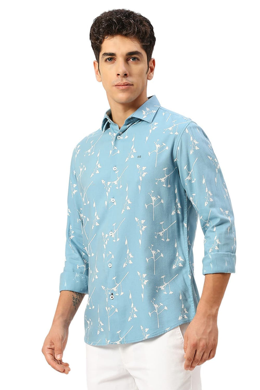 BASICS SLIM FIT COASTAL BLUE COTTON VISCOSE TWILL PRINTED SHIRT