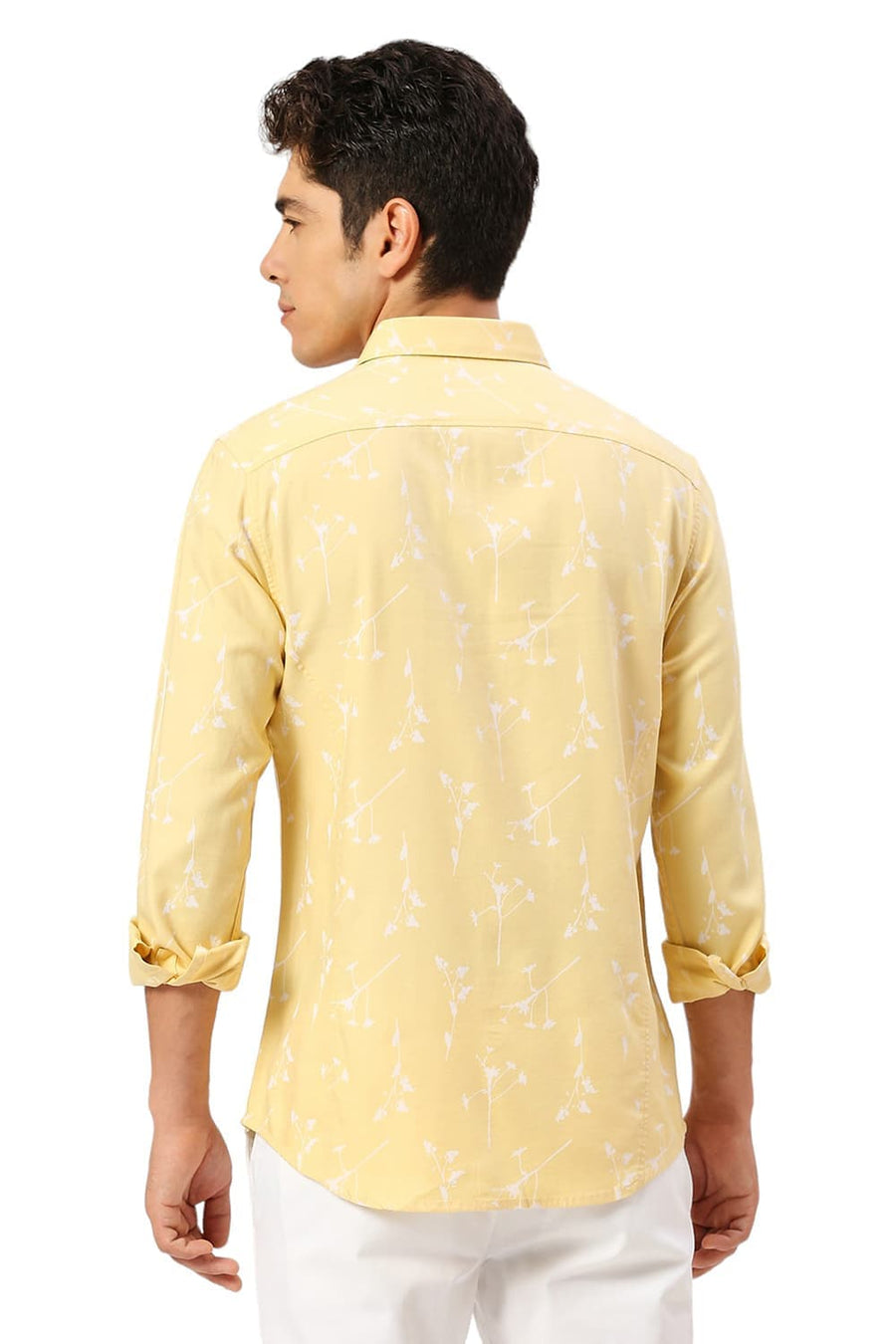 BASICS SLIM FIT PASTEL YELLOW COTTON VISCOSE TWILL PRINTED SHIRT