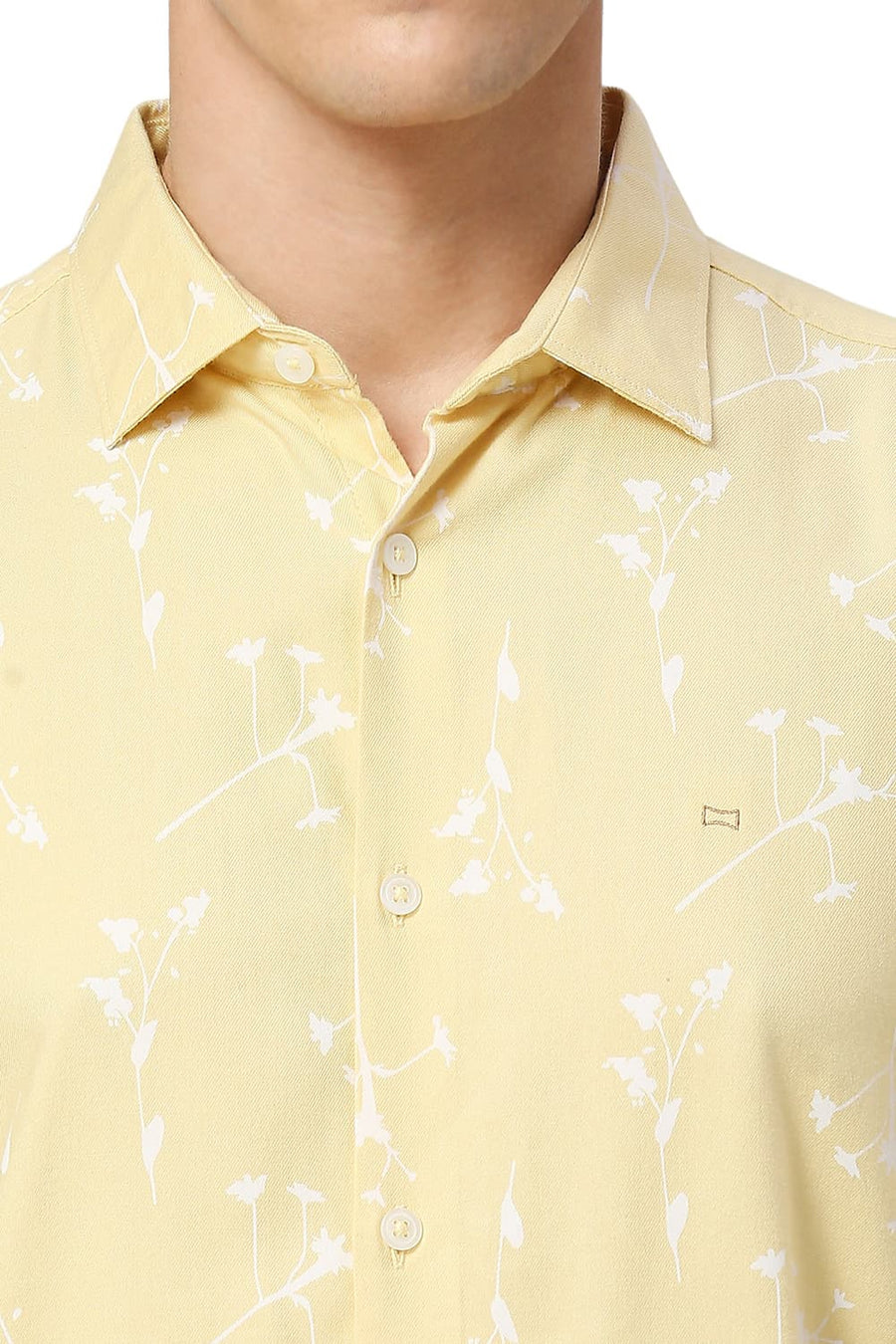 BASICS SLIM FIT PASTEL YELLOW COTTON VISCOSE TWILL PRINTED HALFSLEEVES SHIRT