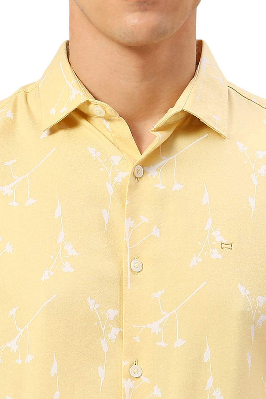 BASICS SLIM FIT PASTEL YELLOW COTTON VISCOSE TWILL PRINTED SHIRT