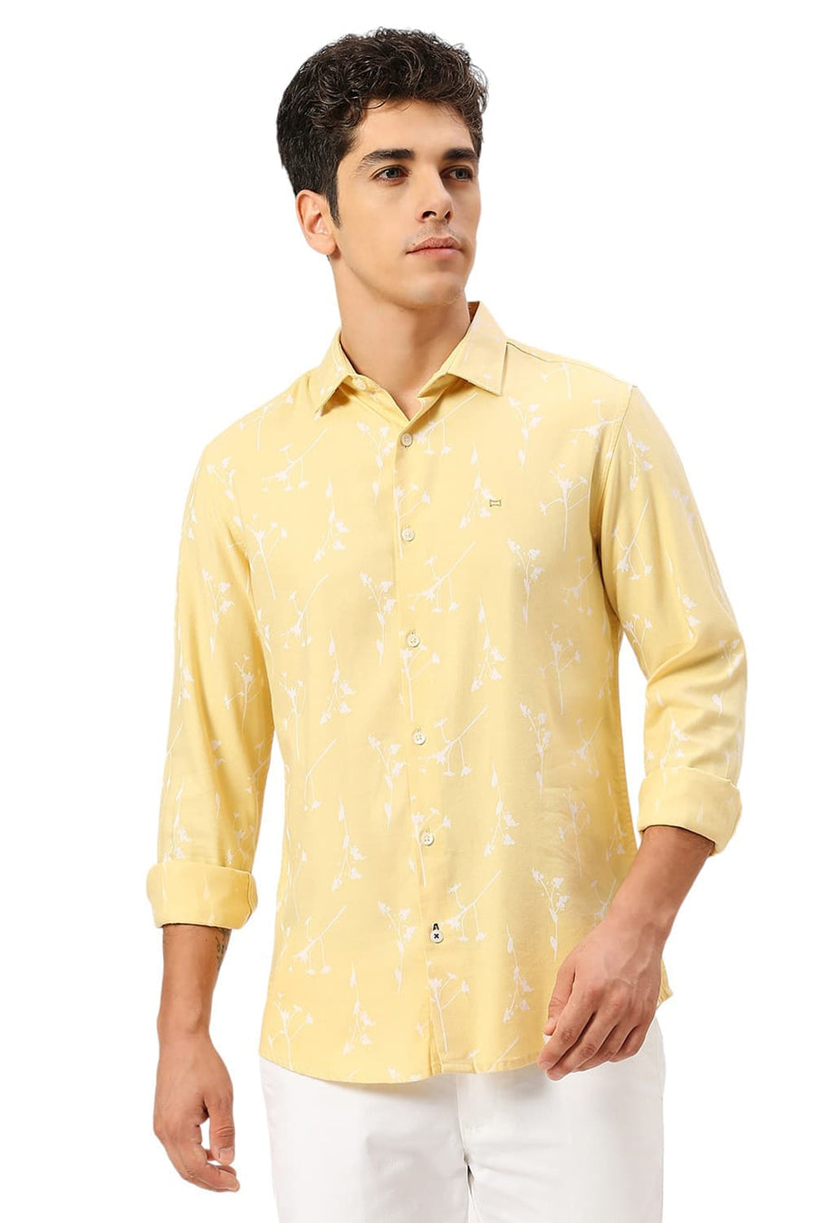 BASICS SLIM FIT PASTEL YELLOW COTTON VISCOSE TWILL PRINTED SHIRT