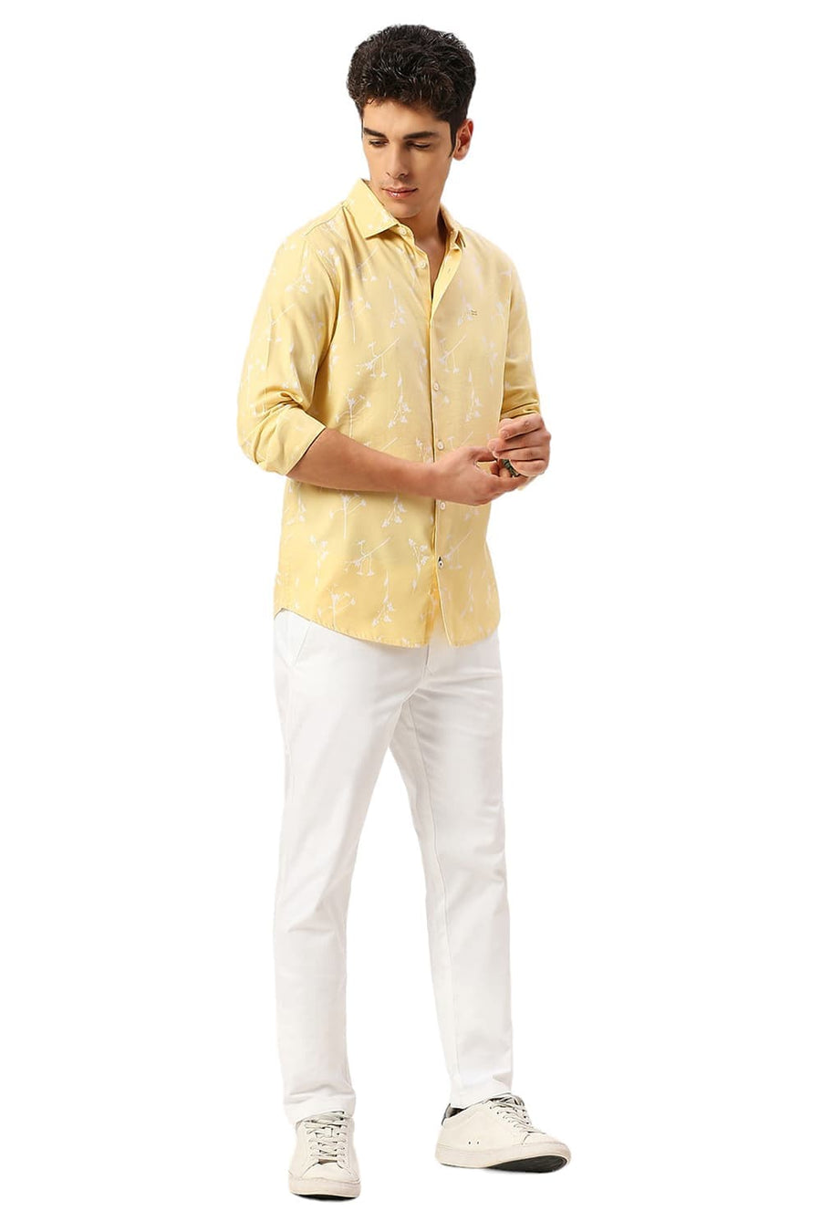 BASICS SLIM FIT PASTEL YELLOW COTTON VISCOSE TWILL PRINTED SHIRT