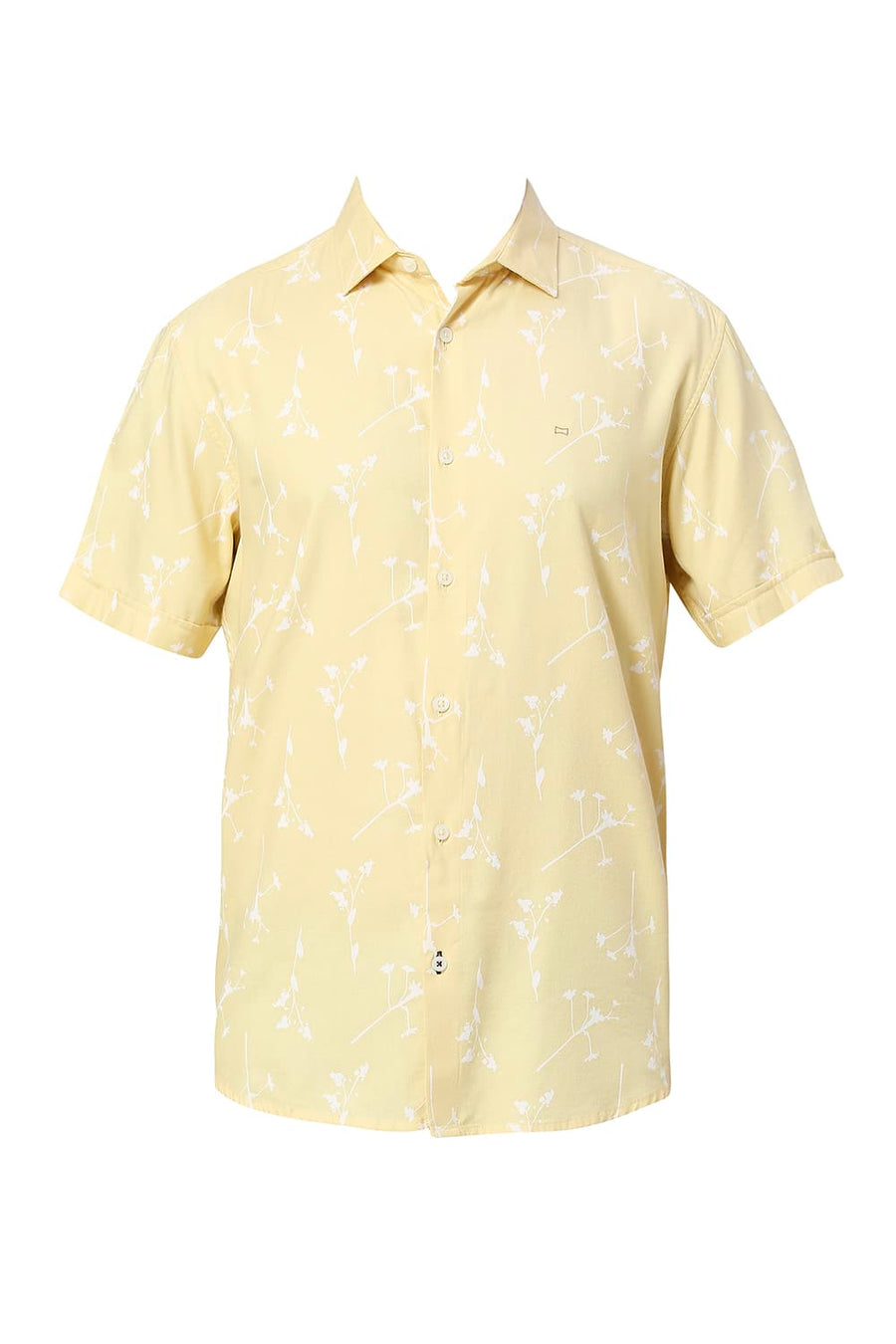 BASICS SLIM FIT PASTEL YELLOW COTTON VISCOSE TWILL PRINTED HALFSLEEVES SHIRT