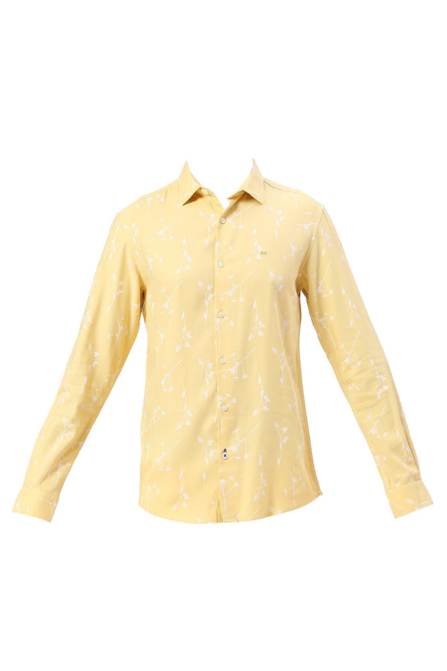 BASICS SLIM FIT PASTEL YELLOW COTTON VISCOSE TWILL PRINTED SHIRT