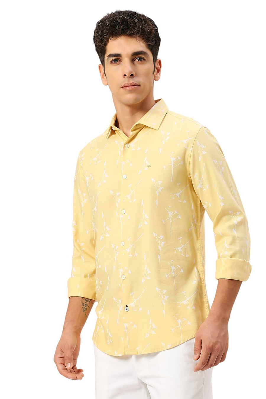 BASICS SLIM FIT PASTEL YELLOW COTTON VISCOSE TWILL PRINTED SHIRT