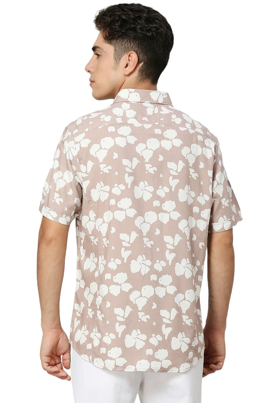 BASICS SLIM FIT TUSCANY BROWN COTTON VISCOSE TWILL PRINTED HALFSLEEVES SHIRT