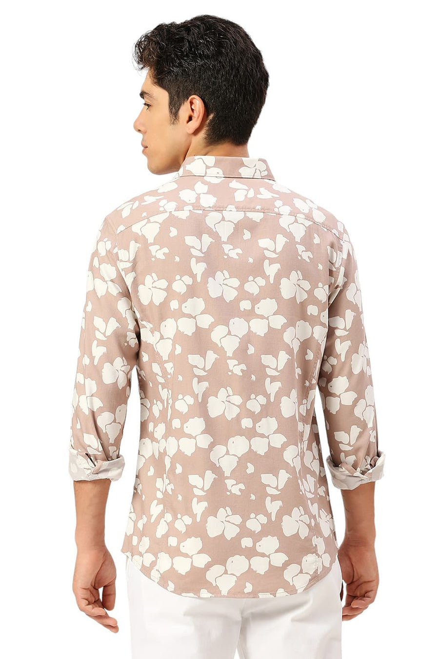 BASICS SLIM FIT TUSCANY BROWN COTTON VISCOSE TWILL PRINTED SHIRT