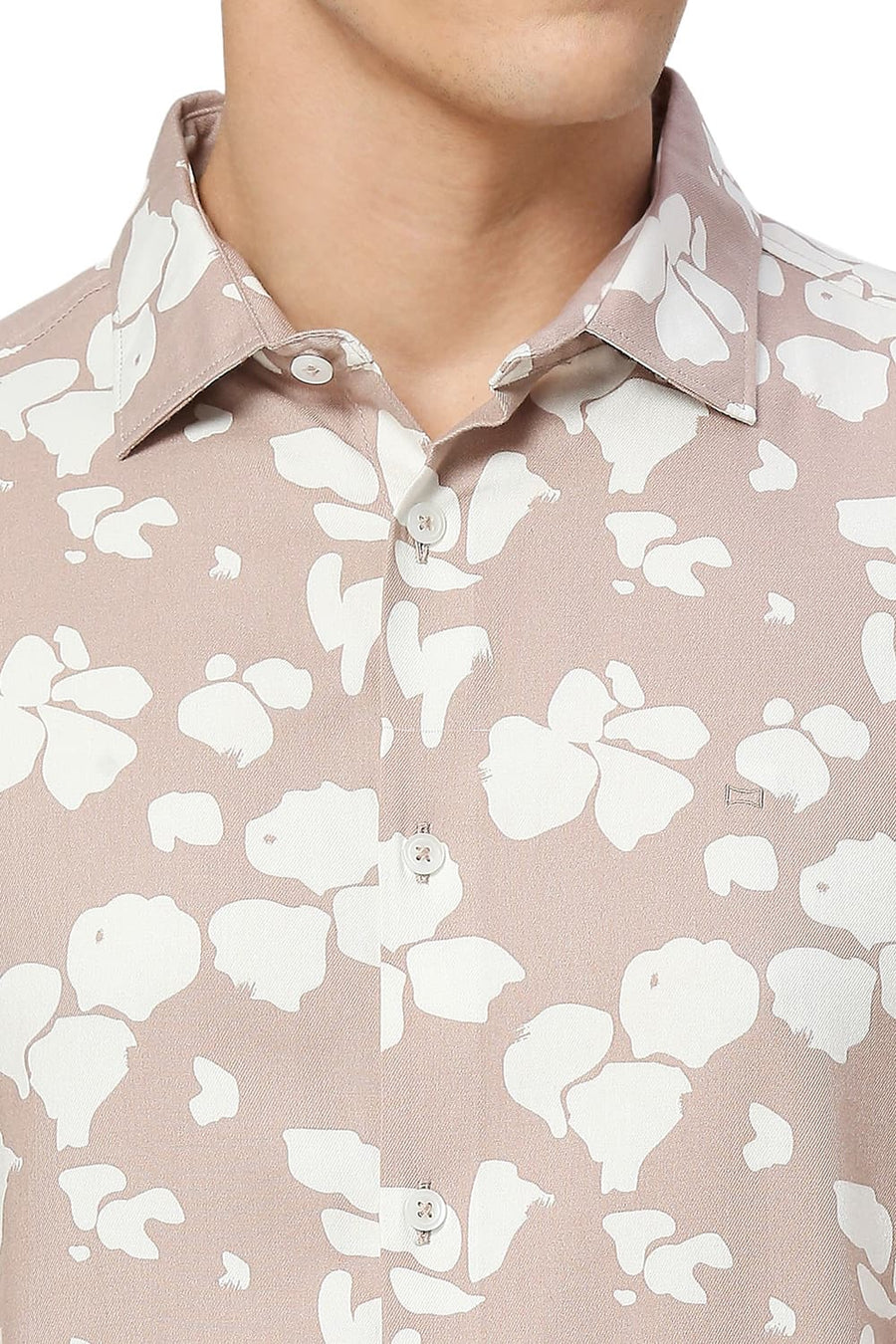 BASICS SLIM FIT TUSCANY BROWN COTTON VISCOSE TWILL PRINTED HALFSLEEVES SHIRT