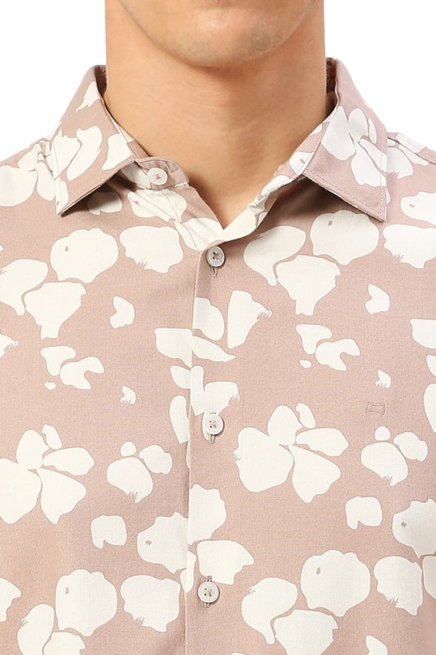 BASICS SLIM FIT TUSCANY BROWN COTTON VISCOSE TWILL PRINTED SHIRT