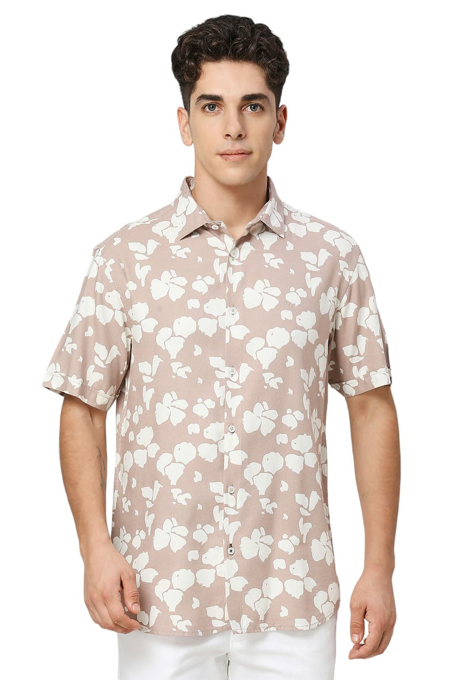 BASICS SLIM FIT TUSCANY BROWN COTTON VISCOSE TWILL PRINTED HALFSLEEVES SHIRT