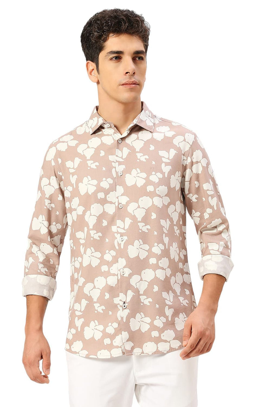 BASICS SLIM FIT TUSCANY BROWN COTTON VISCOSE TWILL PRINTED SHIRT