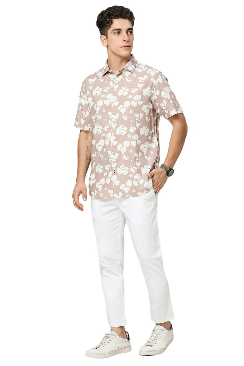 SLIM FIT COTTON VISCOSE TWILL PRINTED HALFSLEEVES SHIRT