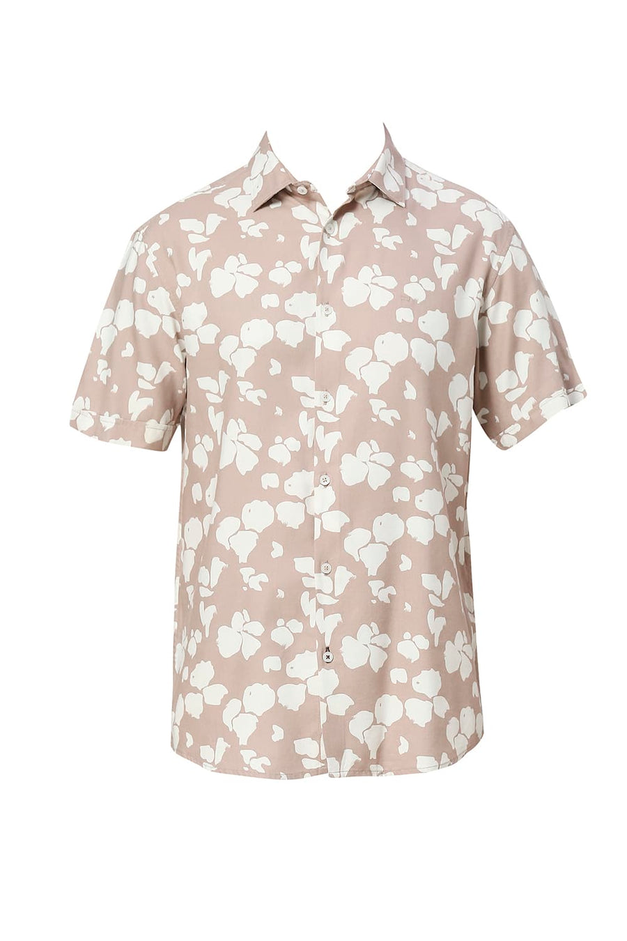 BASICS SLIM FIT TUSCANY BROWN COTTON VISCOSE TWILL PRINTED HALFSLEEVES SHIRT