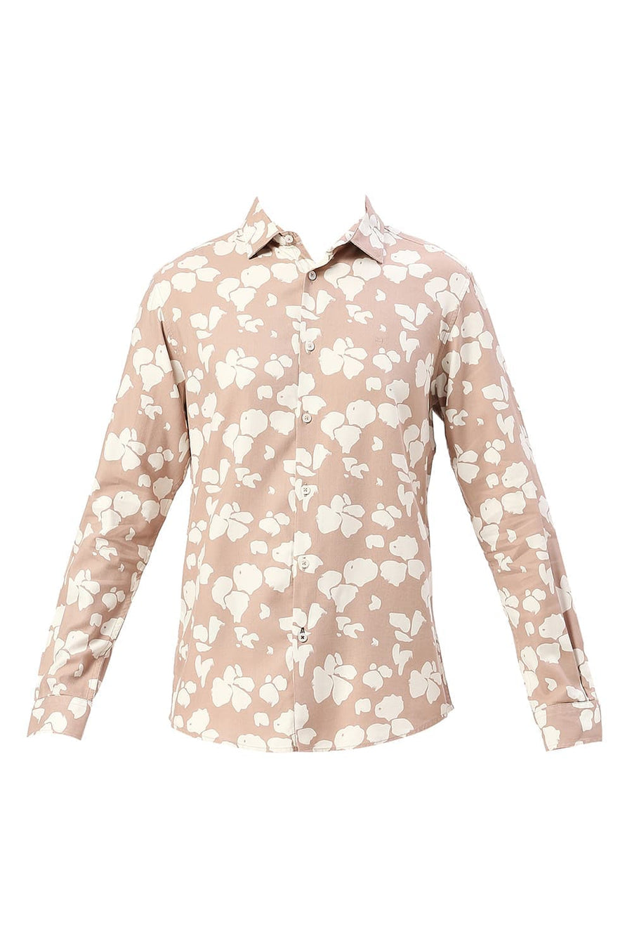 BASICS SLIM FIT TUSCANY BROWN COTTON VISCOSE TWILL PRINTED SHIRT